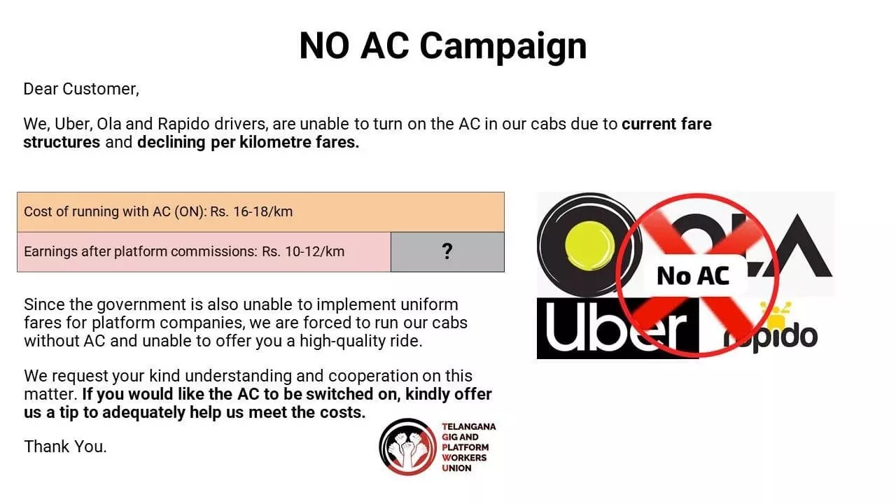 Telanganas No-AC campaign: Uber-Ola Drivers Face ID Block Amid Ongoing Protests Telanganas No-AC campaign: Uber-Ola Drivers Face ID Block Amid Ongoing Protests