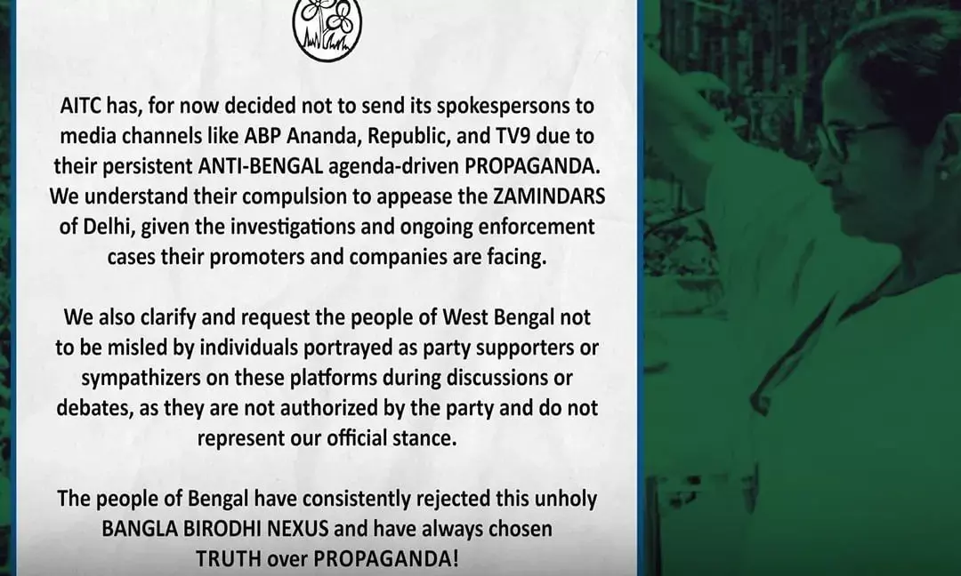The Trinamool Congress issued a statement that they have boycotted 3 news channels, saying that they propagate agenda-driven propaganda to appease Delhi Zamindars. The statement also requested West Bengal citizens not to be misled by fake party supporters.